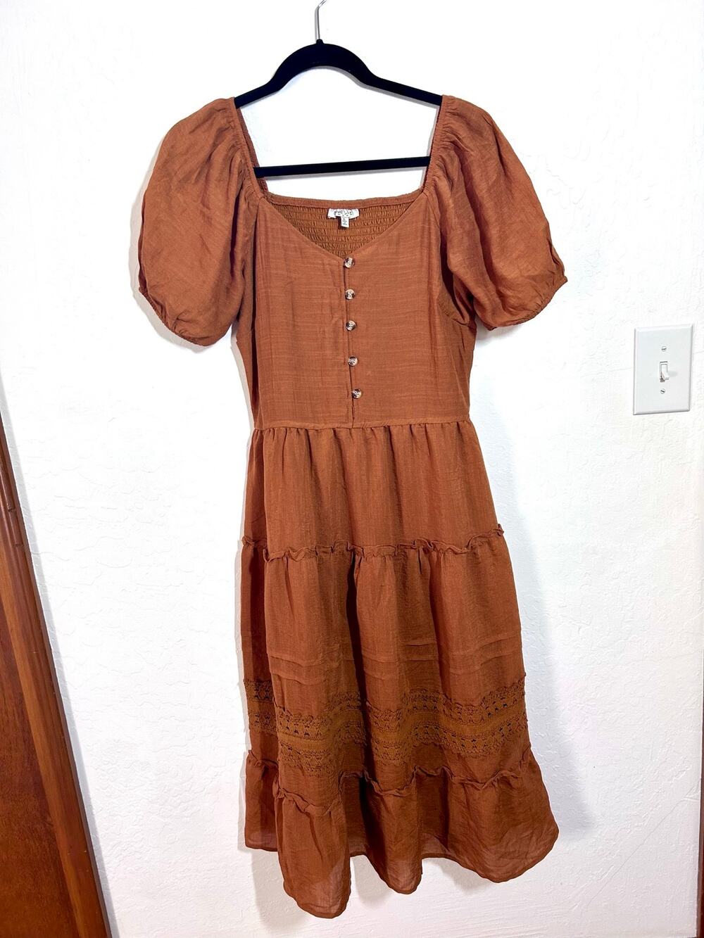 Women’s Large Romantic Boho Terracotta Tiered Cottagecore Puff sleeve Midi Dress